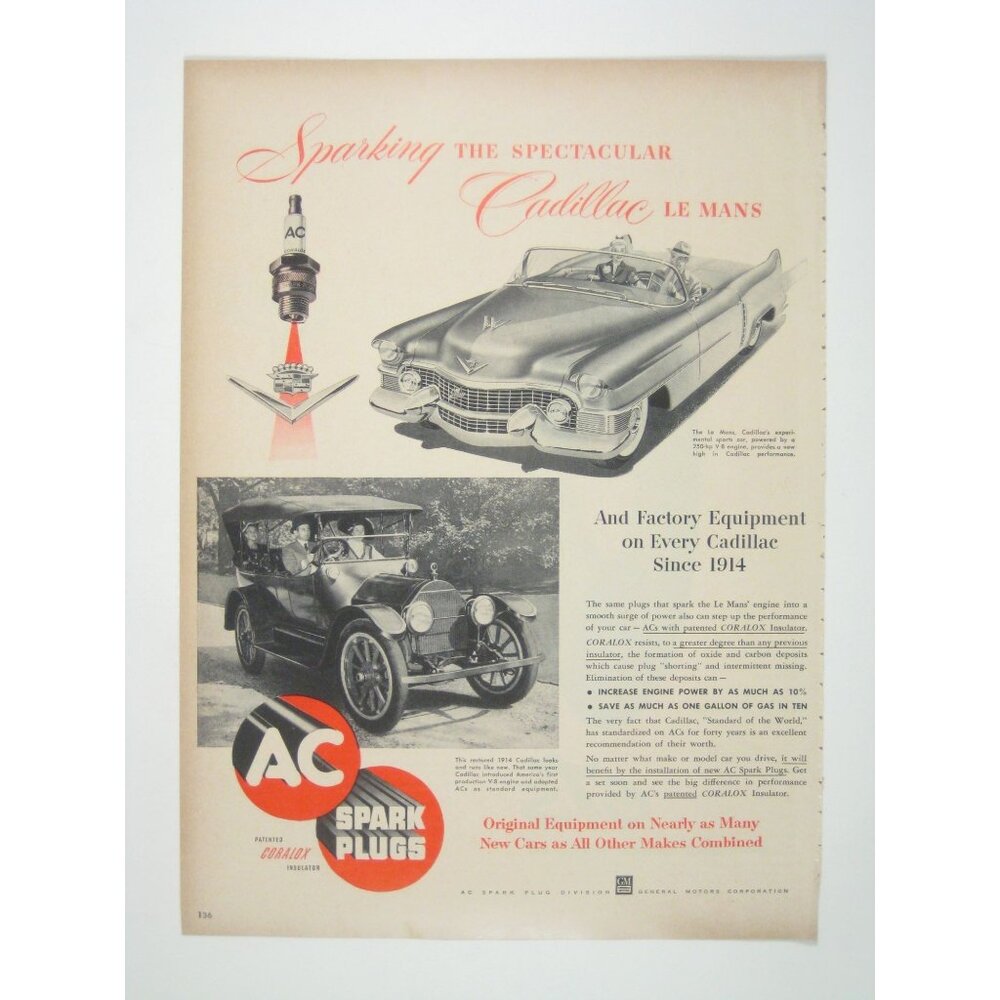Vintage 1953 AD AC Spark Plugs  Cadillac Le Mans Classic Cars Print AD